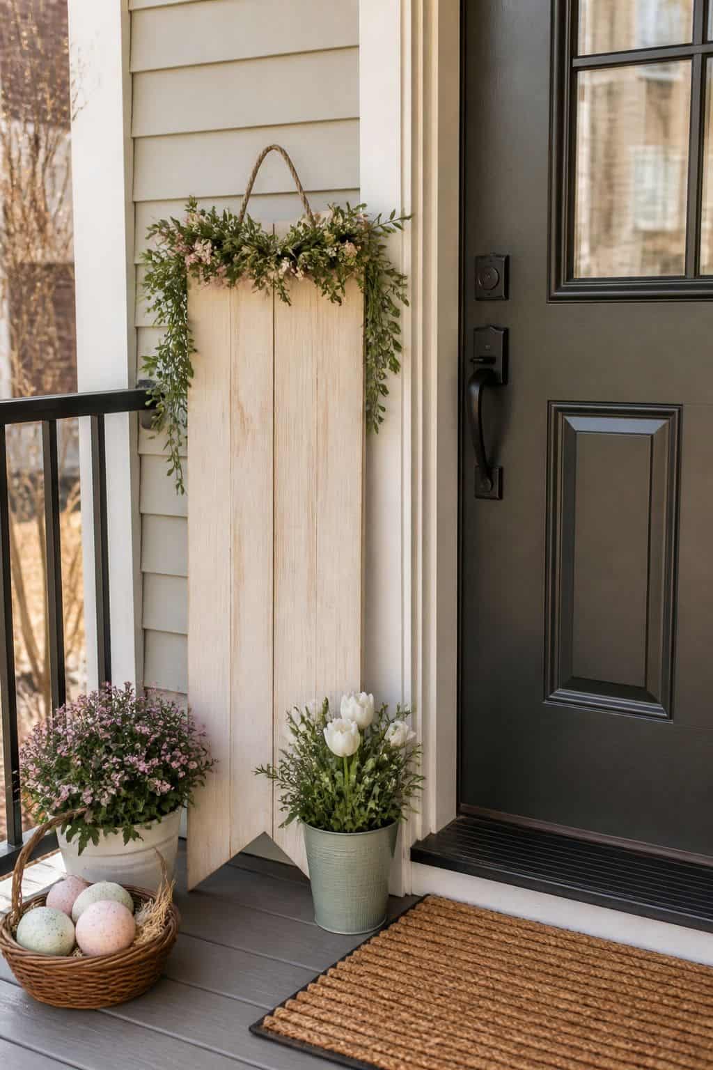 Add an Easter Sign or Welcoming Banner small apartment idea for Top 17 Easter Front Porch Decor Ideas for Apartments and Small Outdoor Spaces.