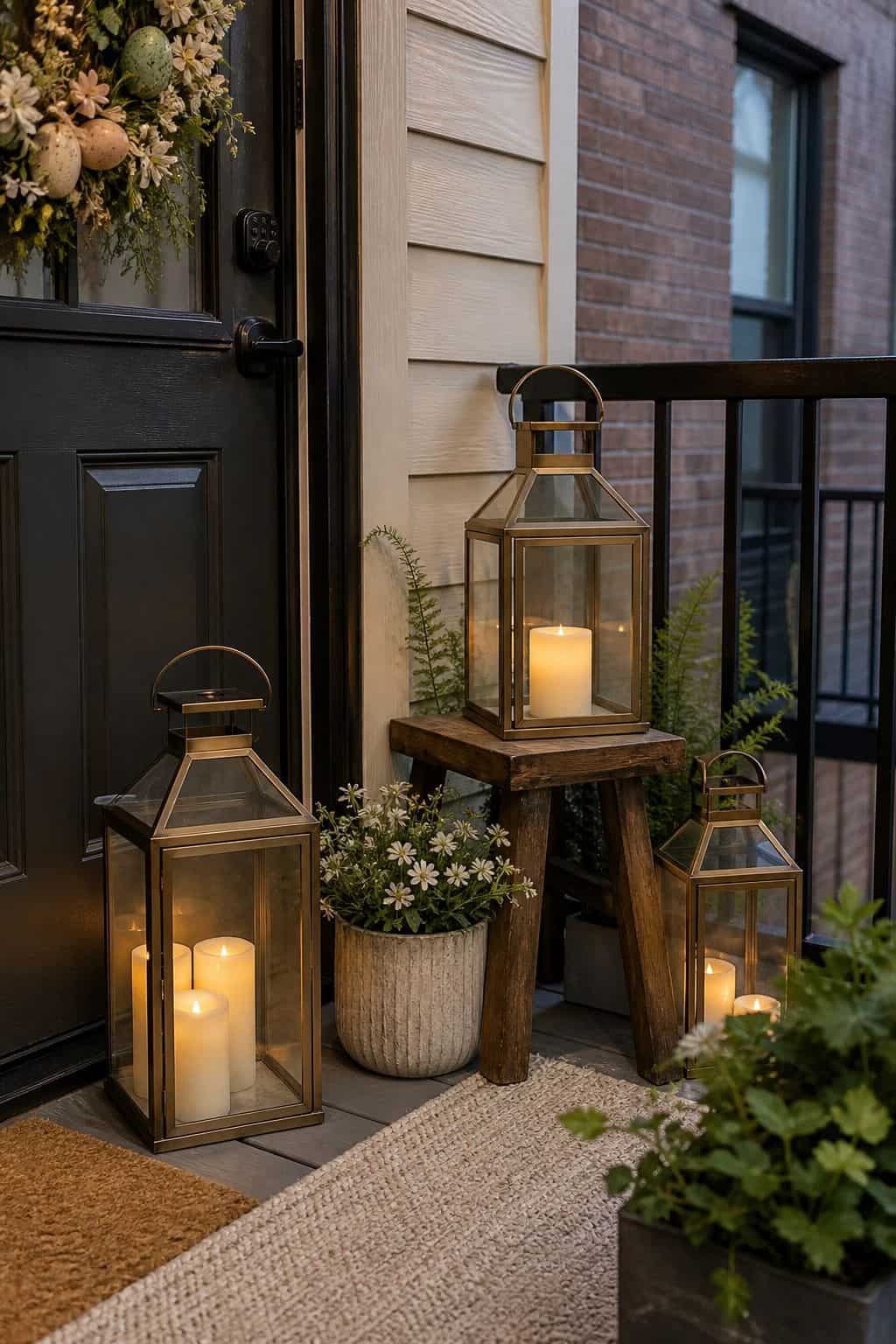 Add Lanterns and Flameless Candles small apartment idea for Top 17 Easter Front Porch Decor Ideas for Apartments and Small Outdoor Spaces.