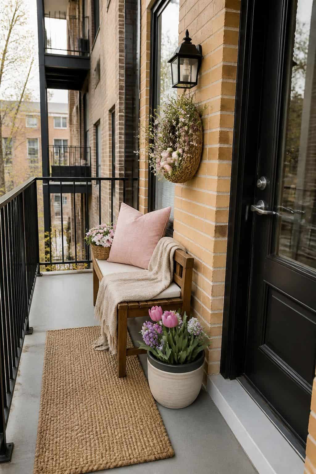 Style a Porch Bench or Seating Vignette small apartment idea for Top 17 Easter Front Porch Decor Ideas for Apartments and Small Outdoor Spaces.