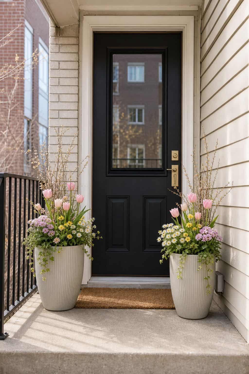 Frame the Door With Matching Planters small apartment idea for Top 17 Easter Front Porch Decor Ideas for Apartments and Small Outdoor Spaces.