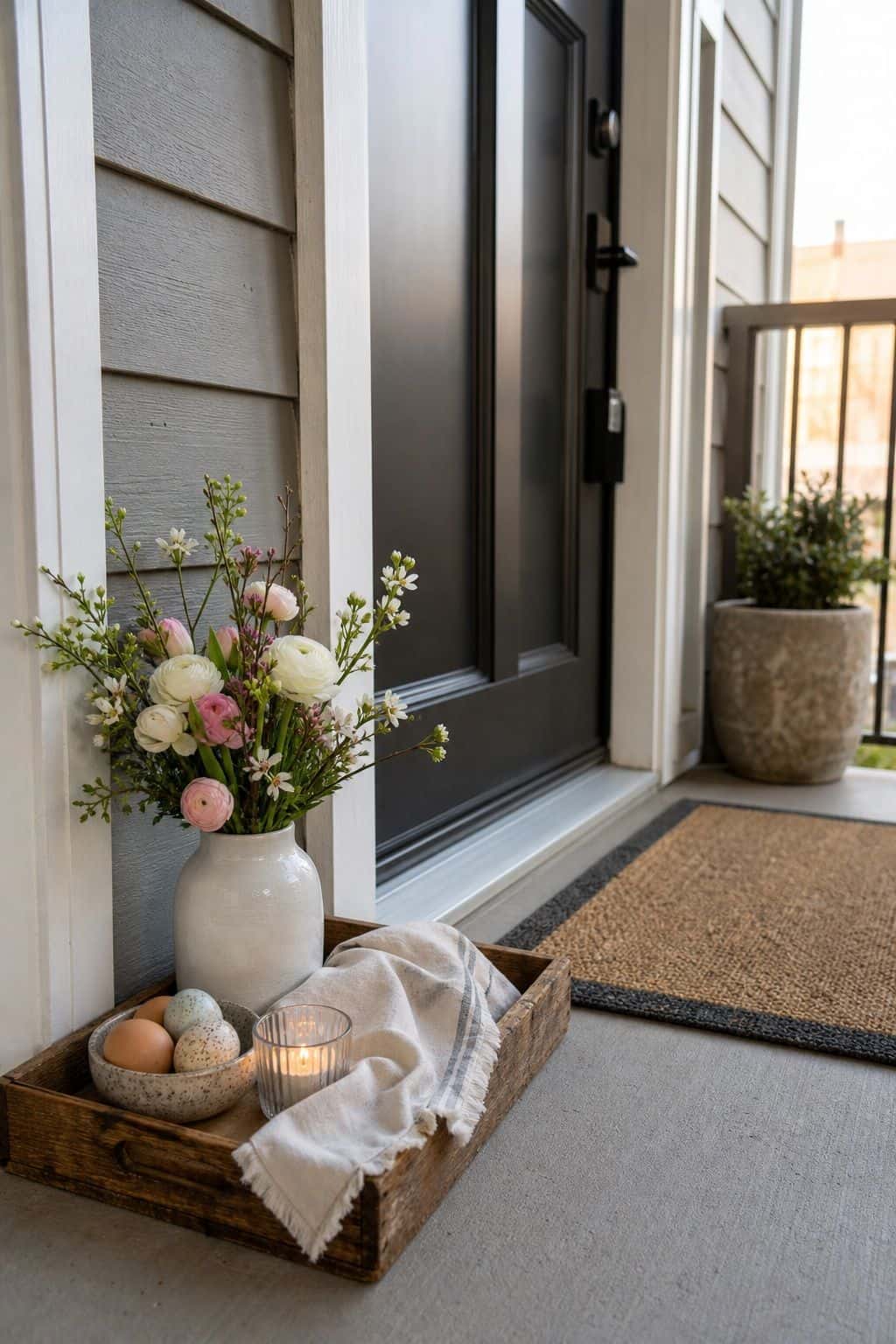 Add a Small Easter Vignette by the Door small apartment idea for Top 17 Easter Front Porch Decor Ideas for Apartments and Small Outdoor Spaces.