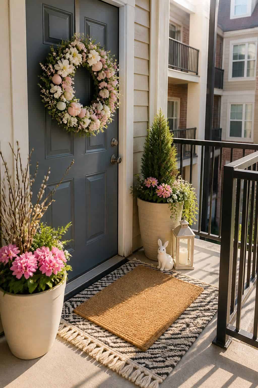 Welcome Guests With a Cohesive, Cheerful Entrance small apartment idea for Top 17 Easter Front Porch Decor Ideas for Apartments and Small Outdoor Spaces.