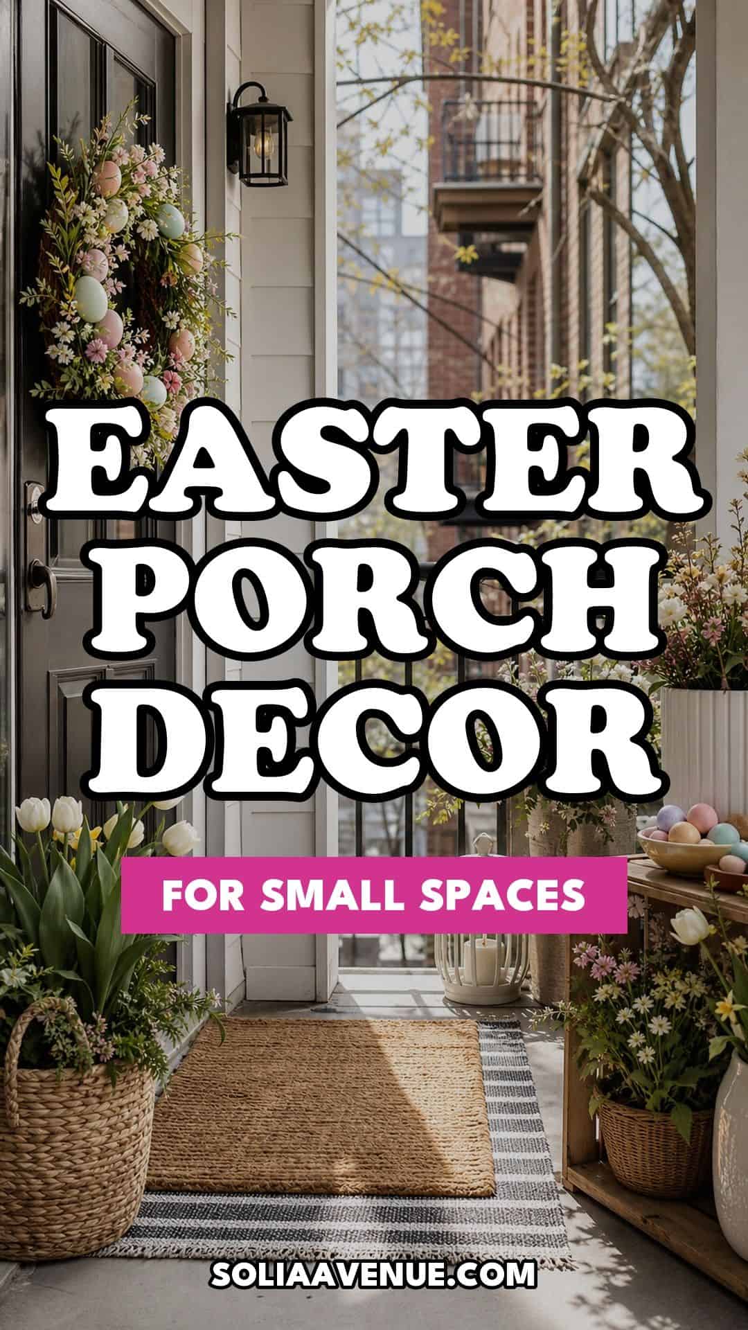 Pinterest pin for Top 17 Easter Front Porch Decor Ideas for Apartments and Small Outdoor Spaces from Solia Avenue.