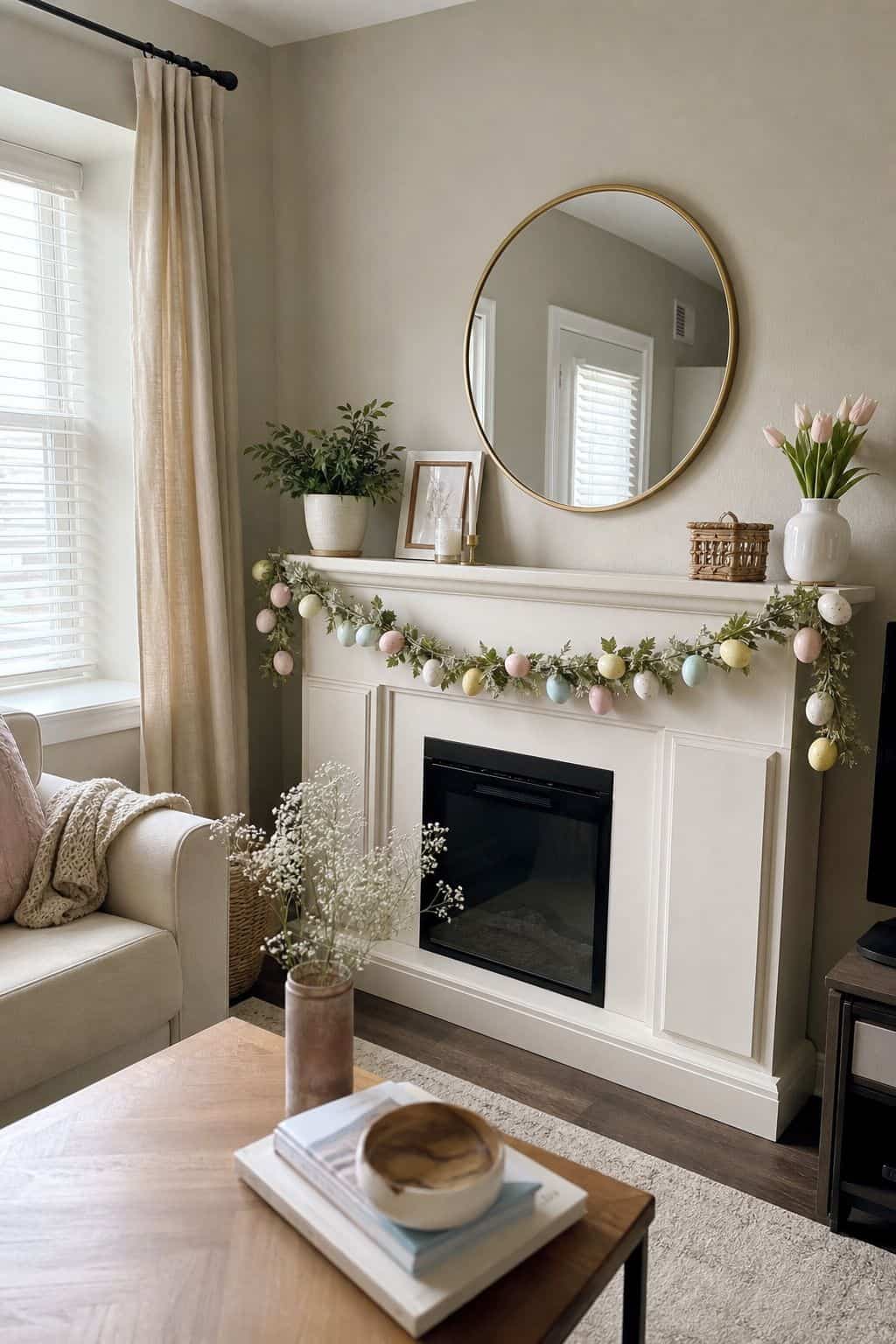 Drape an Easter Egg Garland small apartment idea for Top 16 Easter Mantel Decor Ideas for Small Spaces.