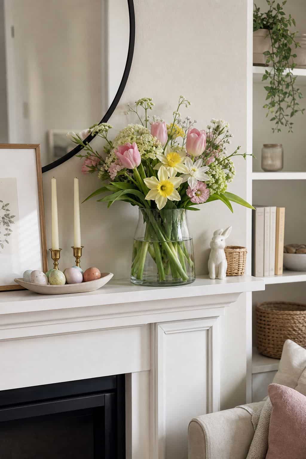Add a Fresh Floral Arrangement small apartment idea for Top 16 Easter Mantel Decor Ideas for Small Spaces.