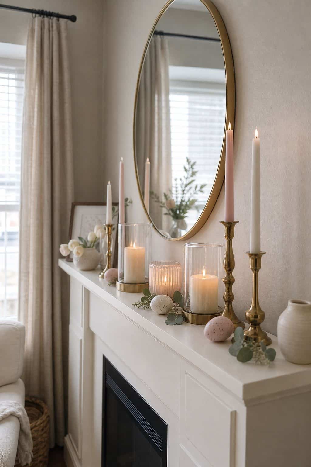 Group Candles and Holders small apartment idea for Top 16 Easter Mantel Decor Ideas for Small Spaces.