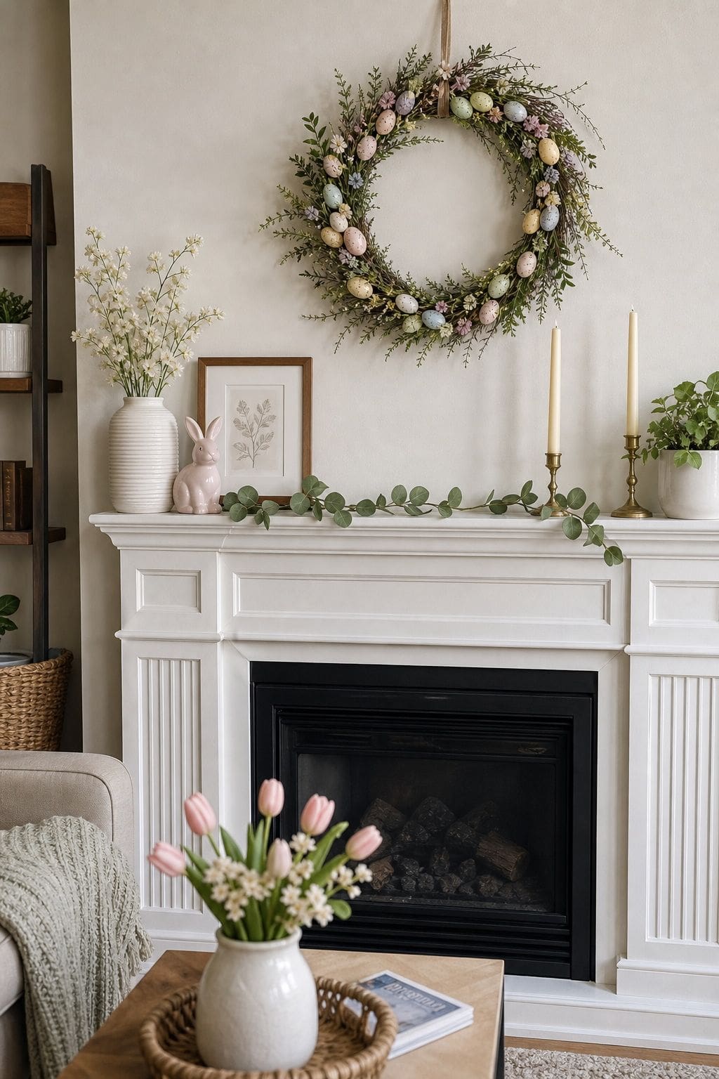 Hang an Easter Wreath small apartment idea for Top 16 Easter Mantel Decor Ideas for Small Spaces.