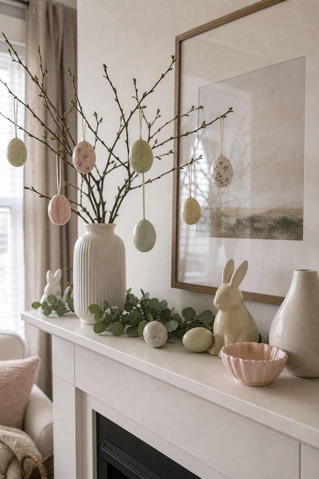 Hang Egg Ornaments small apartment idea for Top 16 Easter Mantel Decor Ideas for Small Spaces.