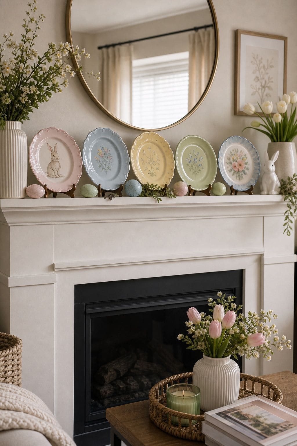Display Colorful Decorative Plates small apartment idea for Top 16 Easter Mantel Decor Ideas for Small Spaces.