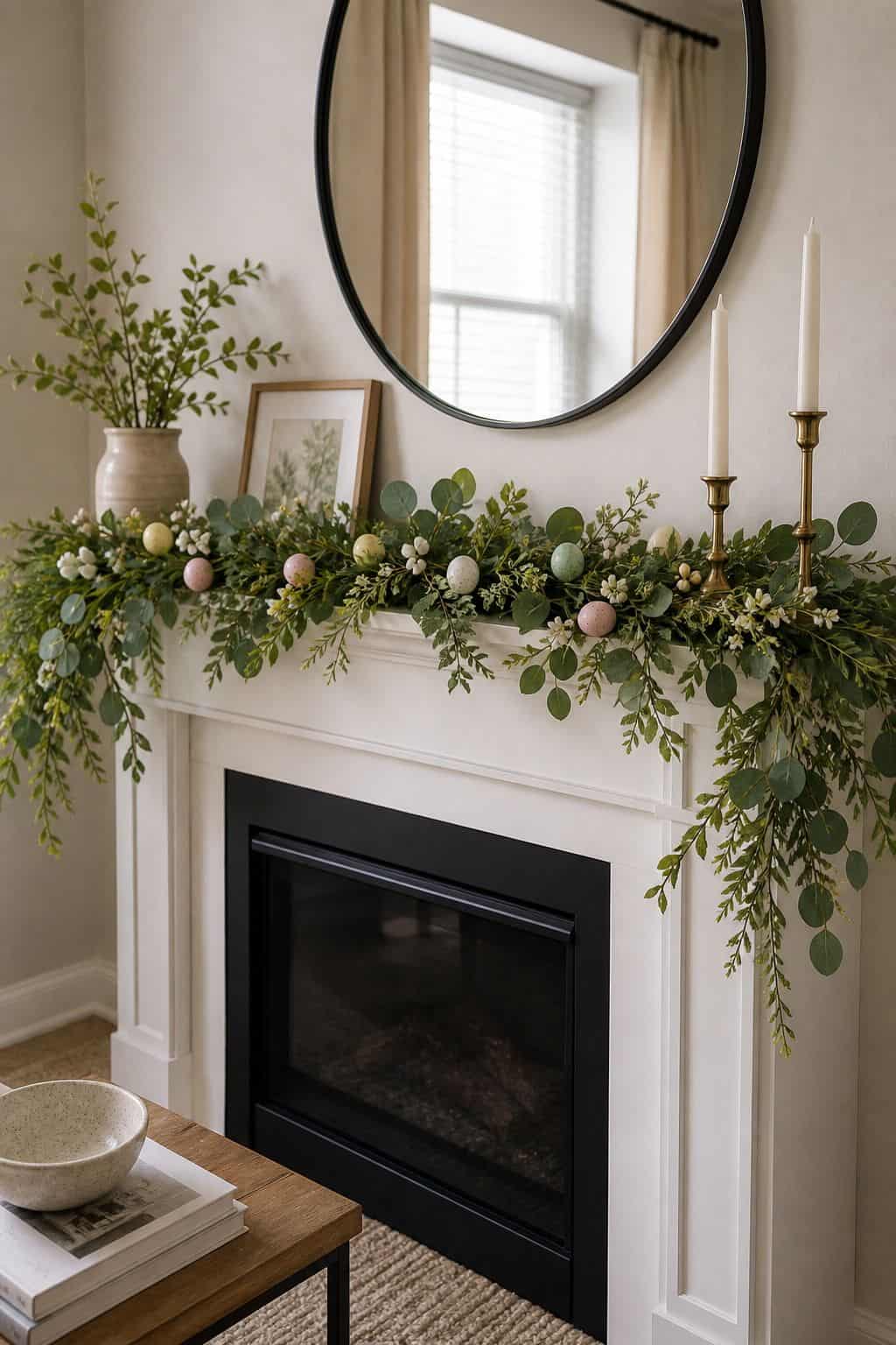 Add a Spring Greenery Garland small apartment idea for Top 16 Easter Mantel Decor Ideas for Small Spaces.