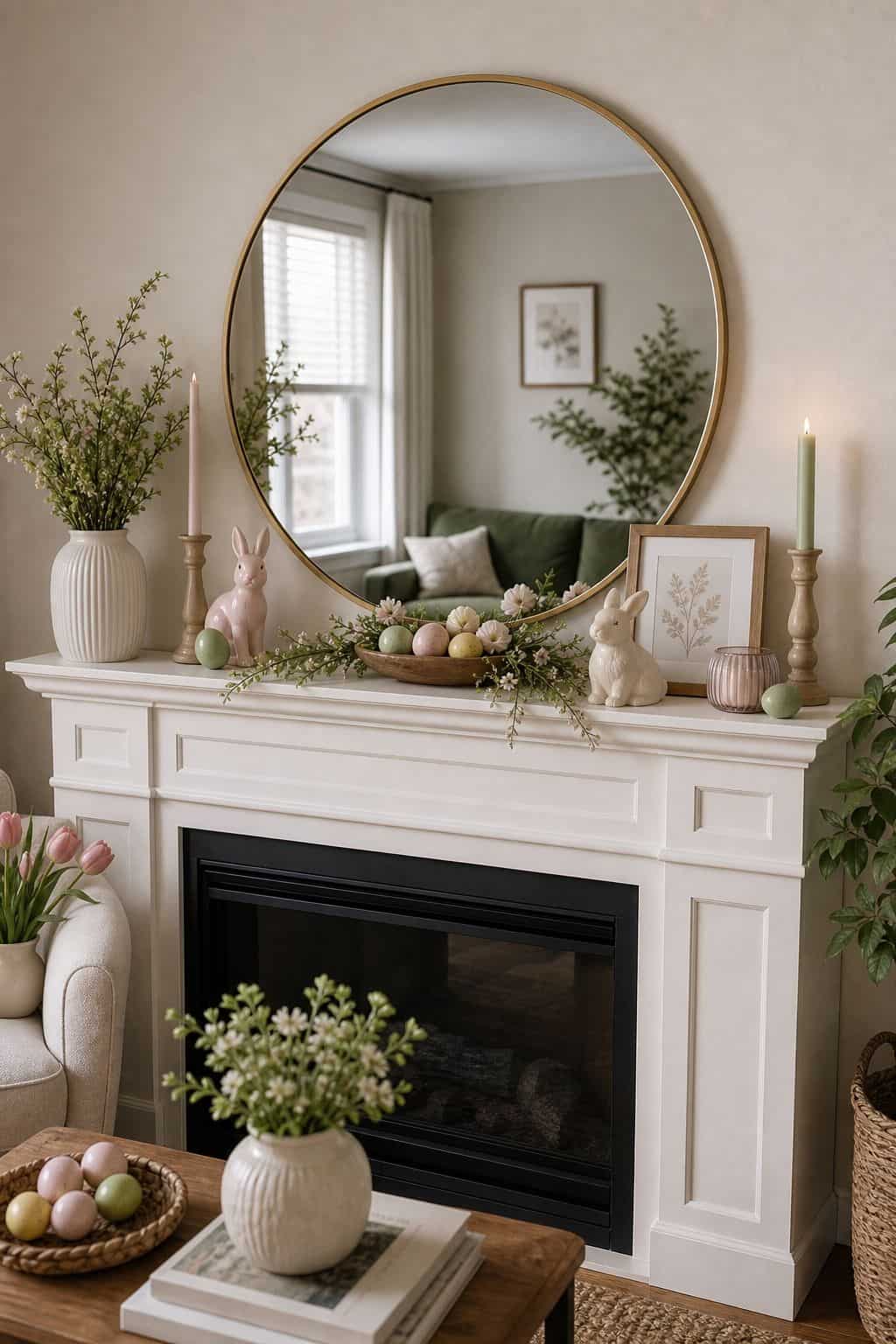 Use a Decorative Mirror as an Anchor small apartment idea for Top 16 Easter Mantel Decor Ideas for Small Spaces.