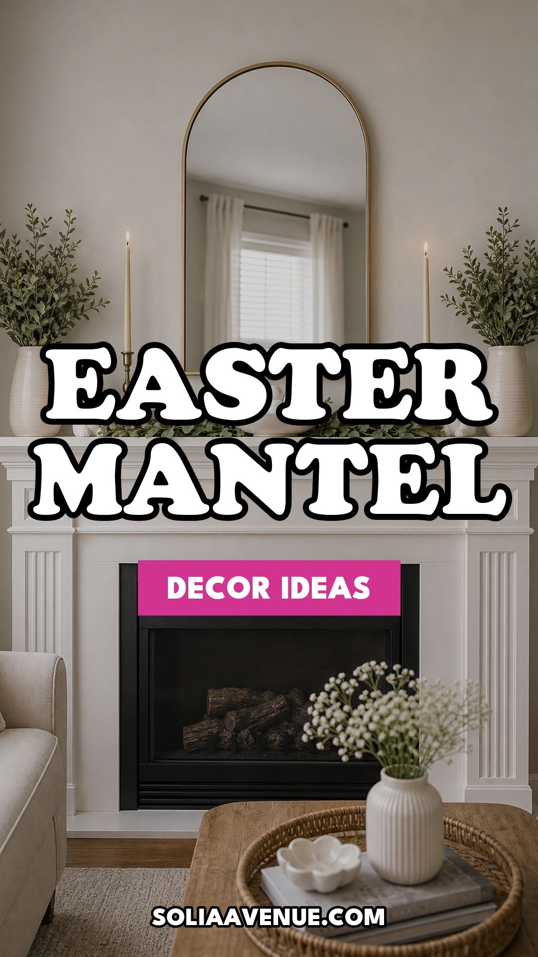 Pinterest pin for Top 16 Easter Mantel Decor Ideas for Small Spaces from Solia Avenue.