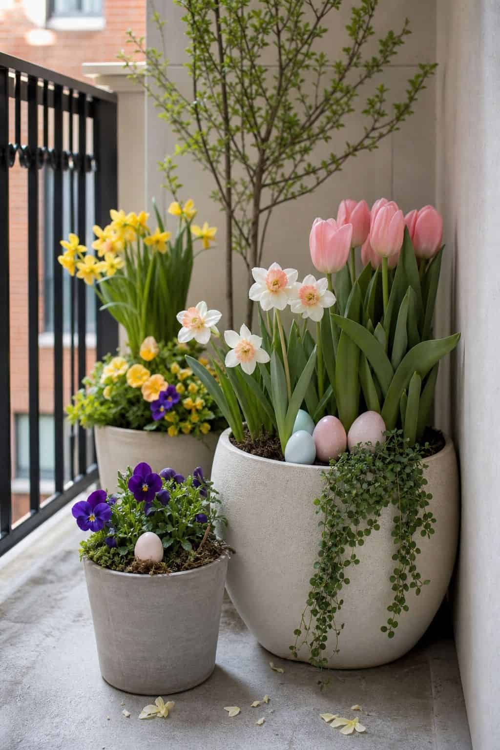 Add Potted Spring Flowers small apartment idea for Top 16 Easter Outdoor Decoration Ideas for Every Part of Your Home.
