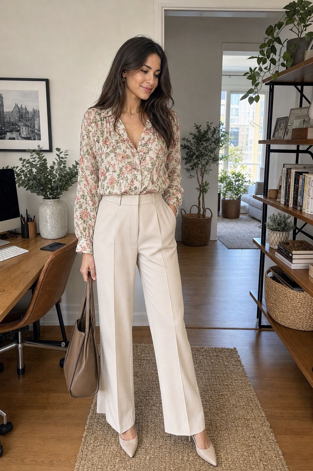 Floral Blouse With Tailored Trousers small apartment idea for Top 18 Easter Outfit Ideas for Women to Wear This Spring.