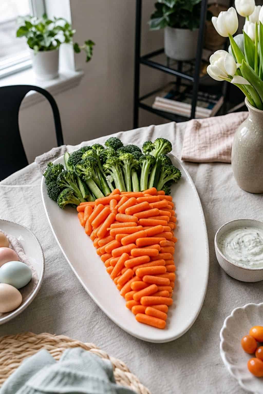Carrot-Shaped Veggie Platter small apartment idea for Top 19 Easter Snacks and Appetizers for an Easy Spring Spread.