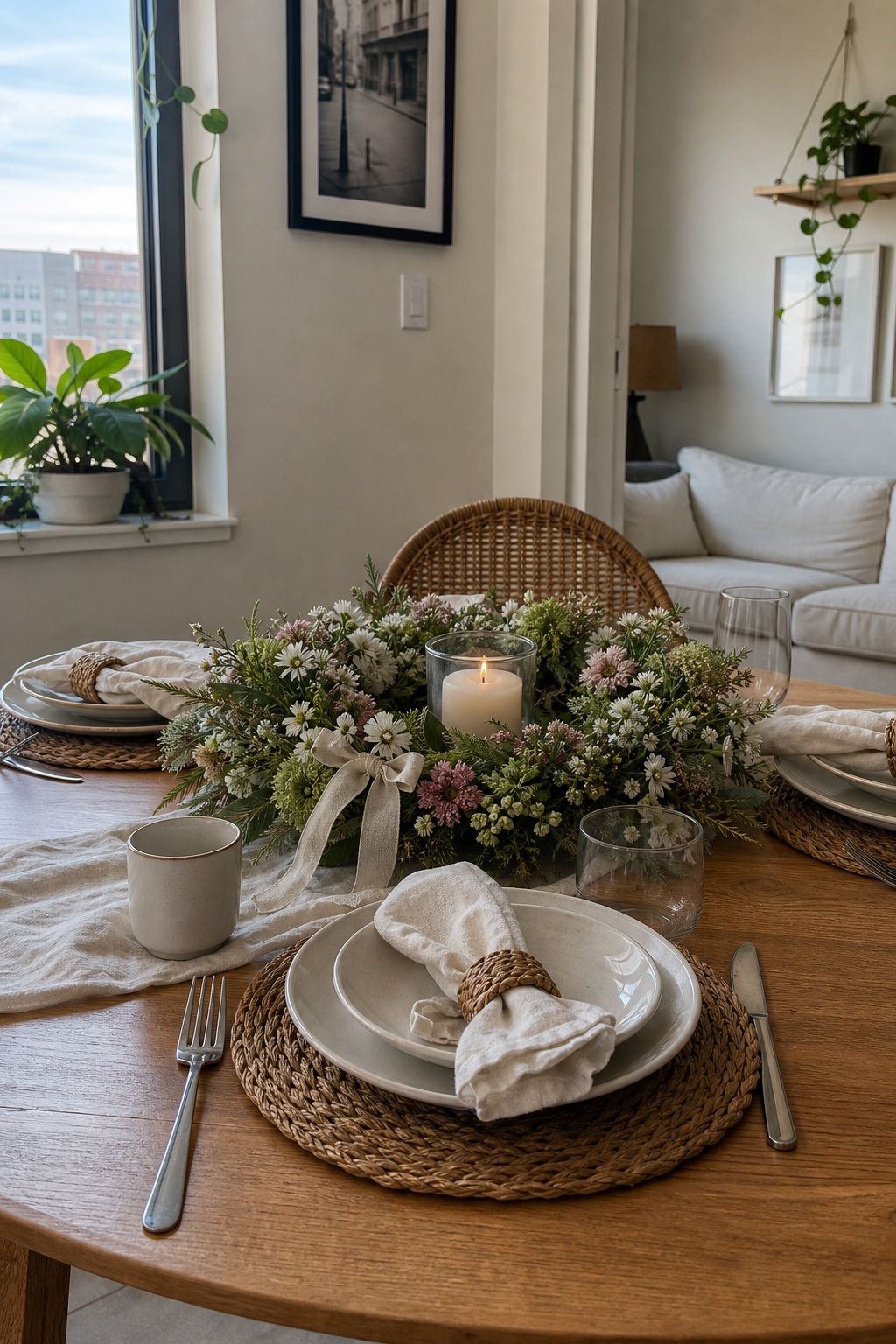 Add a Spring Wreath as a Centerpiece small apartment idea for Top 19 Easter Table Decorations to Set a Beautiful Holiday Table for Small Apartments.