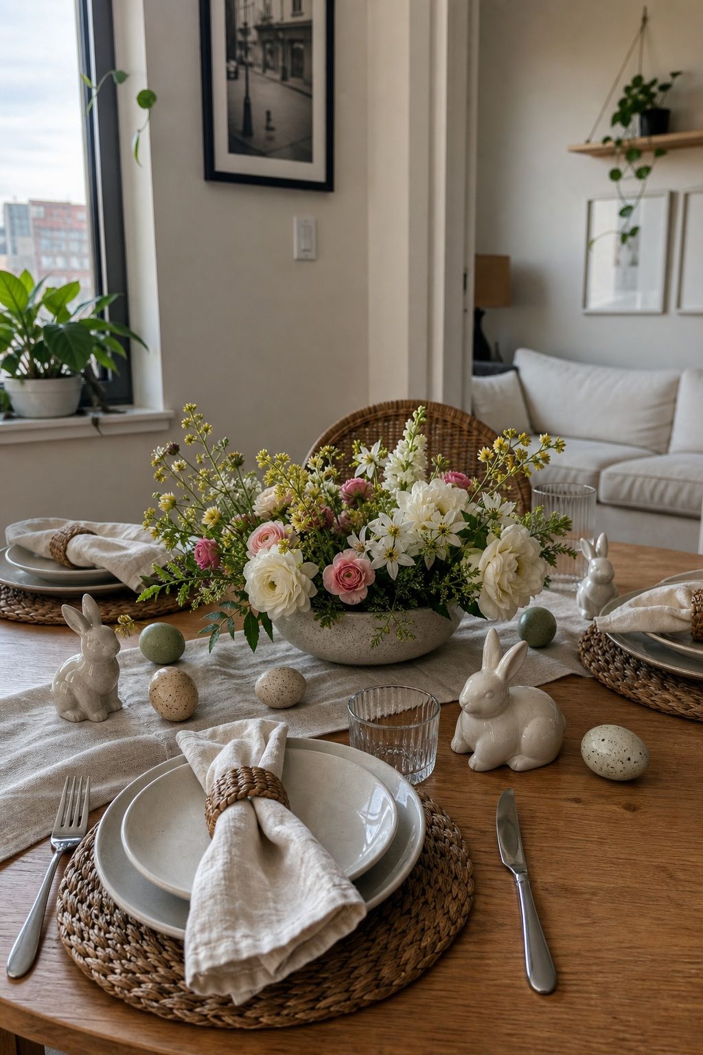 Scatter Bunny and Egg Accents small apartment idea for Top 19 Easter Table Decorations to Set a Beautiful Holiday Table for Small Apartments.