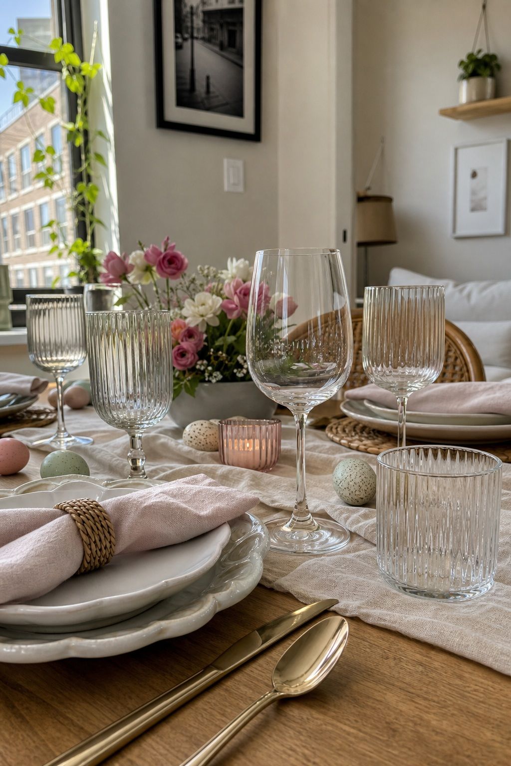 Choose Elegant Glassware small apartment idea for Top 19 Easter Table Decorations to Set a Beautiful Holiday Table for Small Apartments.