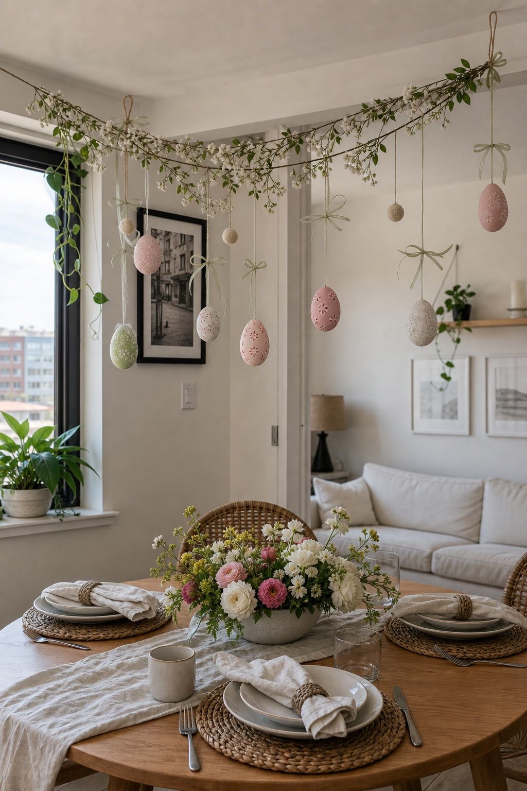Add Hanging Decorations Above the Table small apartment idea for Top 19 Easter Table Decorations to Set a Beautiful Holiday Table for Small Apartments.