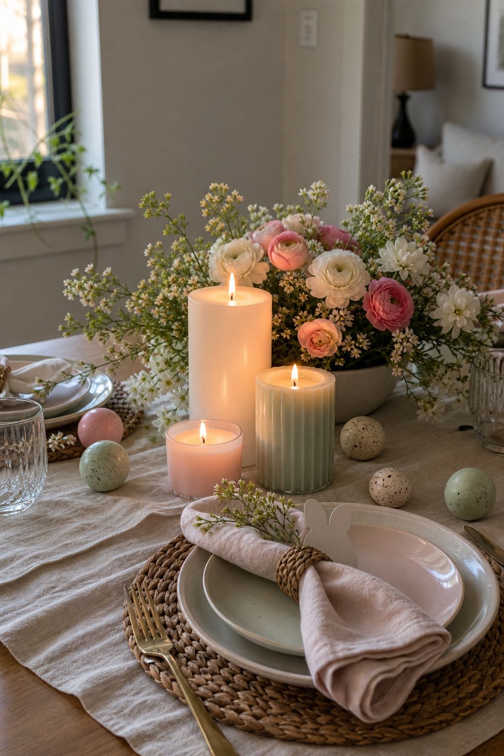 Group Candles for a Soft Glow small apartment idea for Top 19 Easter Table Decorations to Set a Beautiful Holiday Table for Small Apartments.