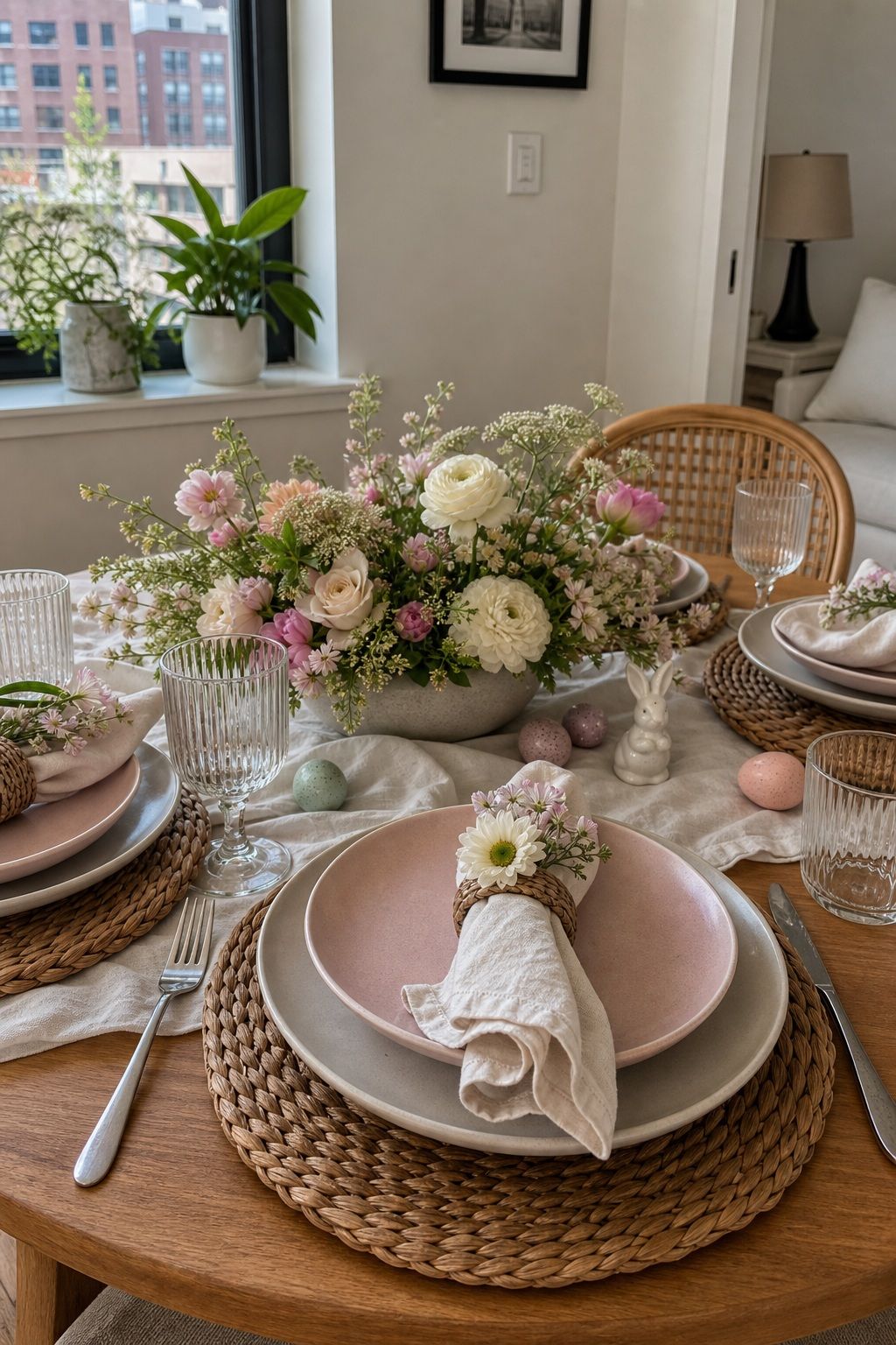 Style a Charger Plate at Each Setting small apartment idea for Top 19 Easter Table Decorations to Set a Beautiful Holiday Table for Small Apartments.