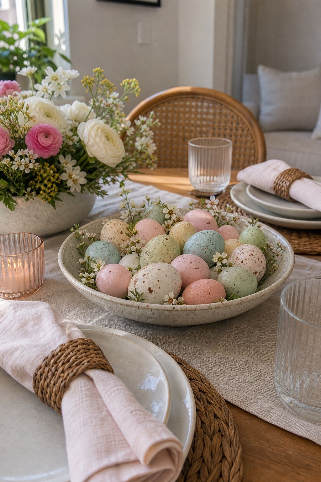 Add a Decorative Egg Display Bowl small apartment idea for Top 19 Easter Table Decorations to Set a Beautiful Holiday Table for Small Apartments.