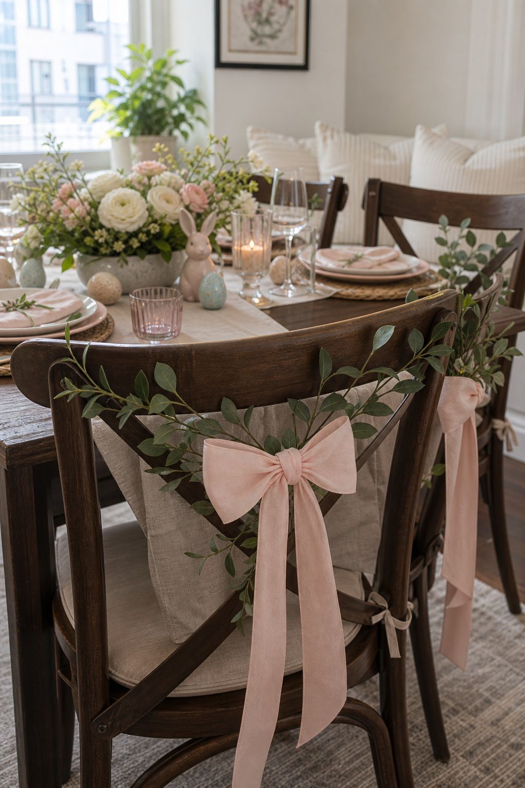 Dress the Chairs With Greenery or Bows small apartment idea for Top 19 Easter Table Decorations to Set a Beautiful Holiday Table for Small Apartments.