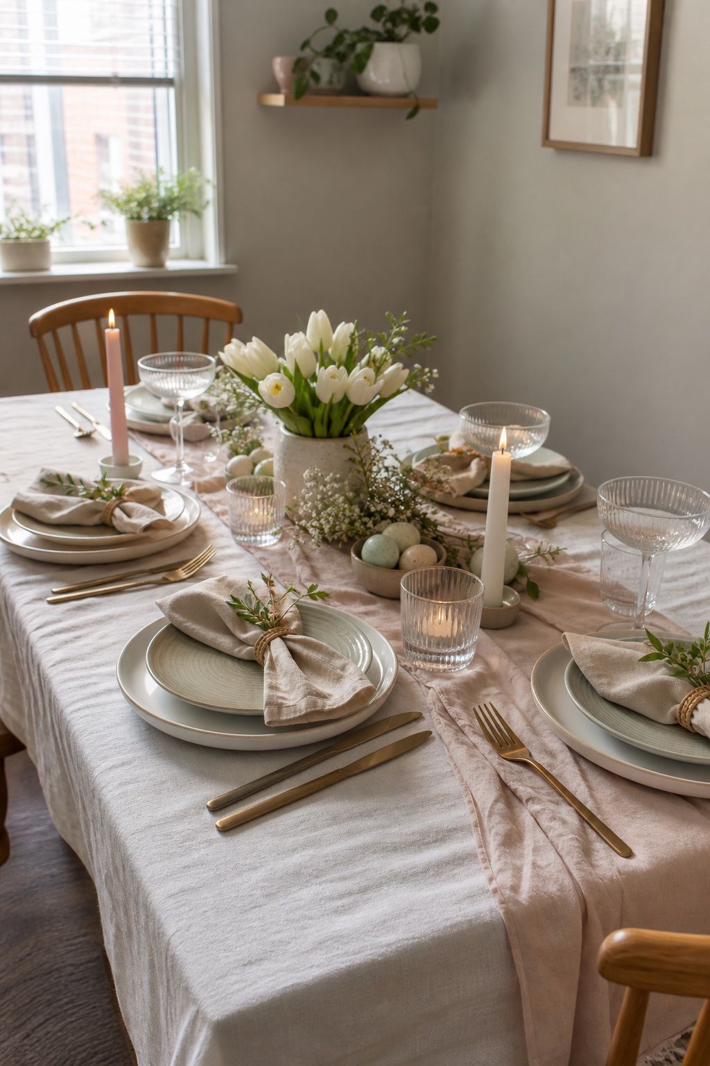 Start With a Restrained, Calm Color Palette small apartment idea for Top 18 Easter Tablescapes for a Beautifully Styled Spring Table in Small-Space Hosting.