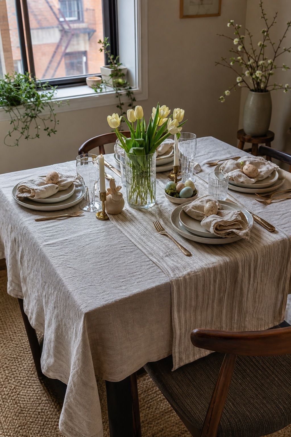 Layer a Linen Tablecloth and Runner small apartment idea for Top 18 Easter Tablescapes for a Beautifully Styled Spring Table in Small-Space Hosting.