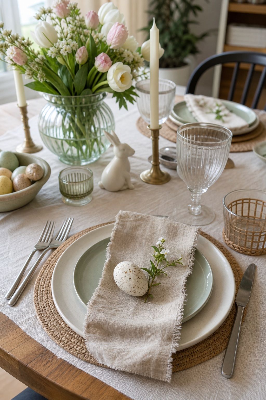 Build Layered Place Settings small apartment idea for Top 18 Easter Tablescapes for a Beautifully Styled Spring Table in Small-Space Hosting.