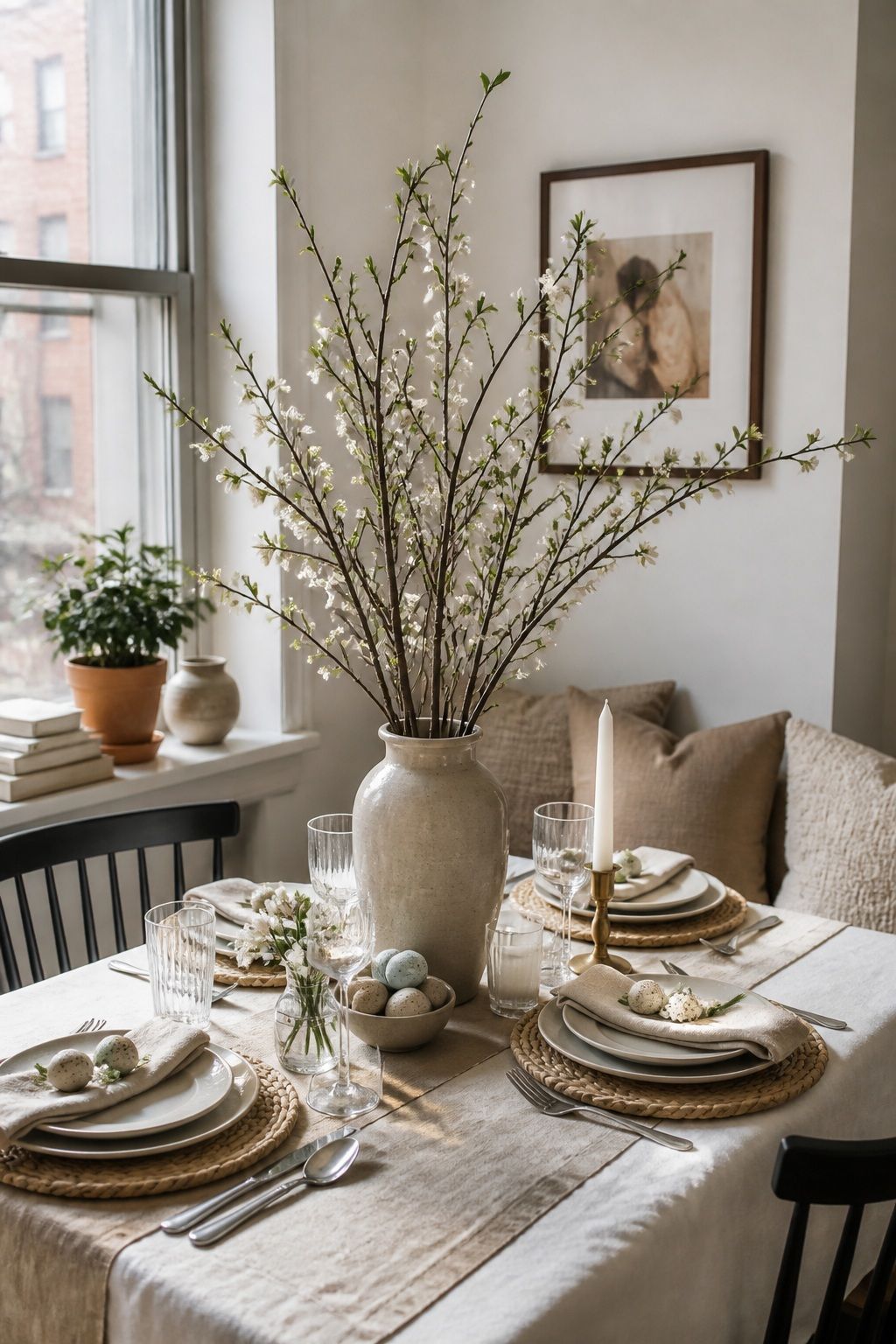 Choose an Airy Branch Centerpiece for Height small apartment idea for Top 18 Easter Tablescapes for a Beautifully Styled Spring Table in Small-Space Hosting.