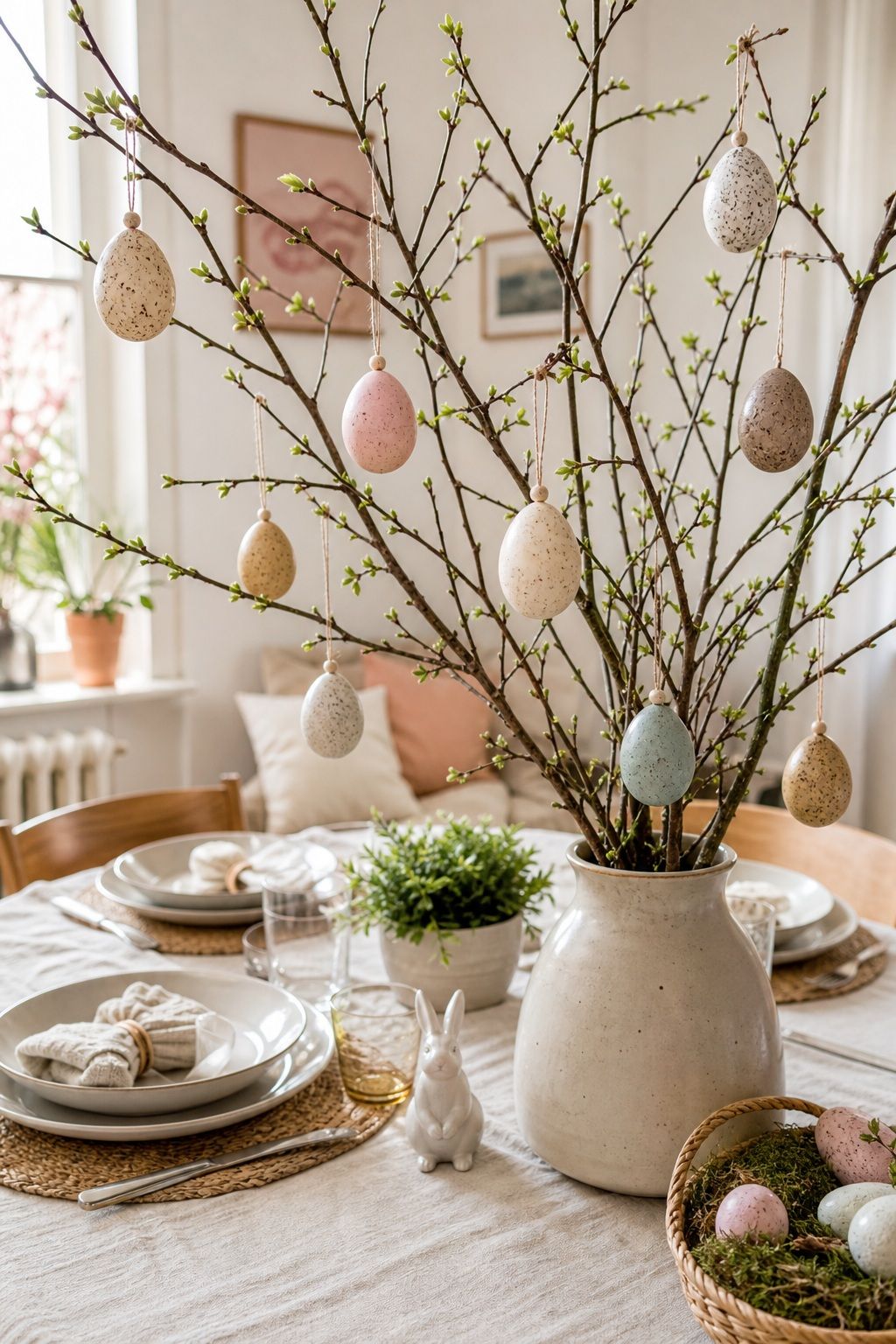 Hang Decorative Eggs From the Branches small apartment idea for Top 18 Easter Tablescapes for a Beautifully Styled Spring Table in Small-Space Hosting.
