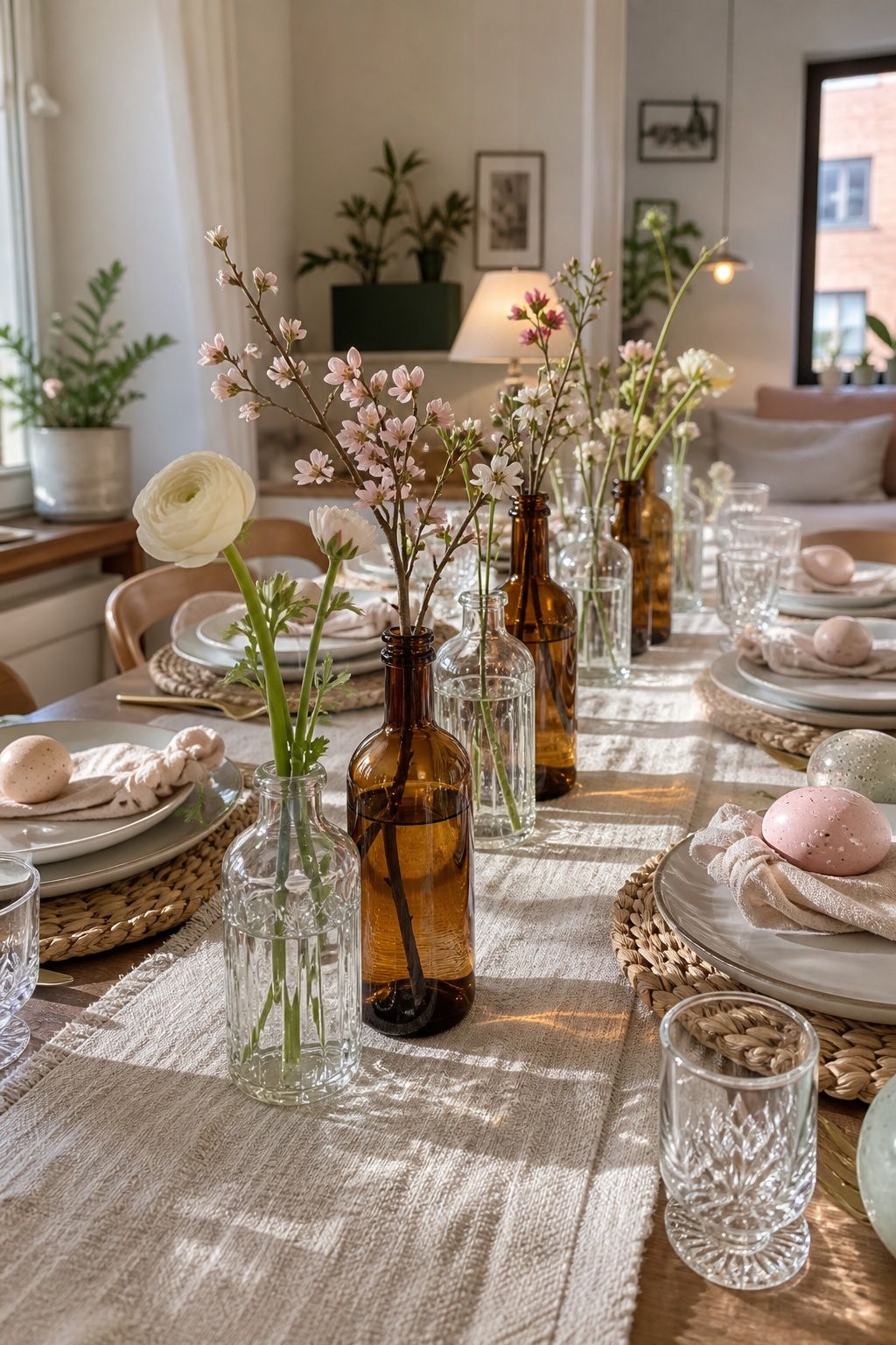 Line the Center With Amber or Glass Bottles small apartment idea for Top 18 Easter Tablescapes for a Beautifully Styled Spring Table in Small-Space Hosting.