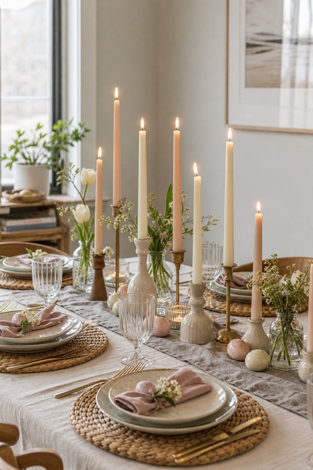 Add Vertical Rhythm With Candles small apartment idea for Top 18 Easter Tablescapes for a Beautifully Styled Spring Table in Small-Space Hosting.