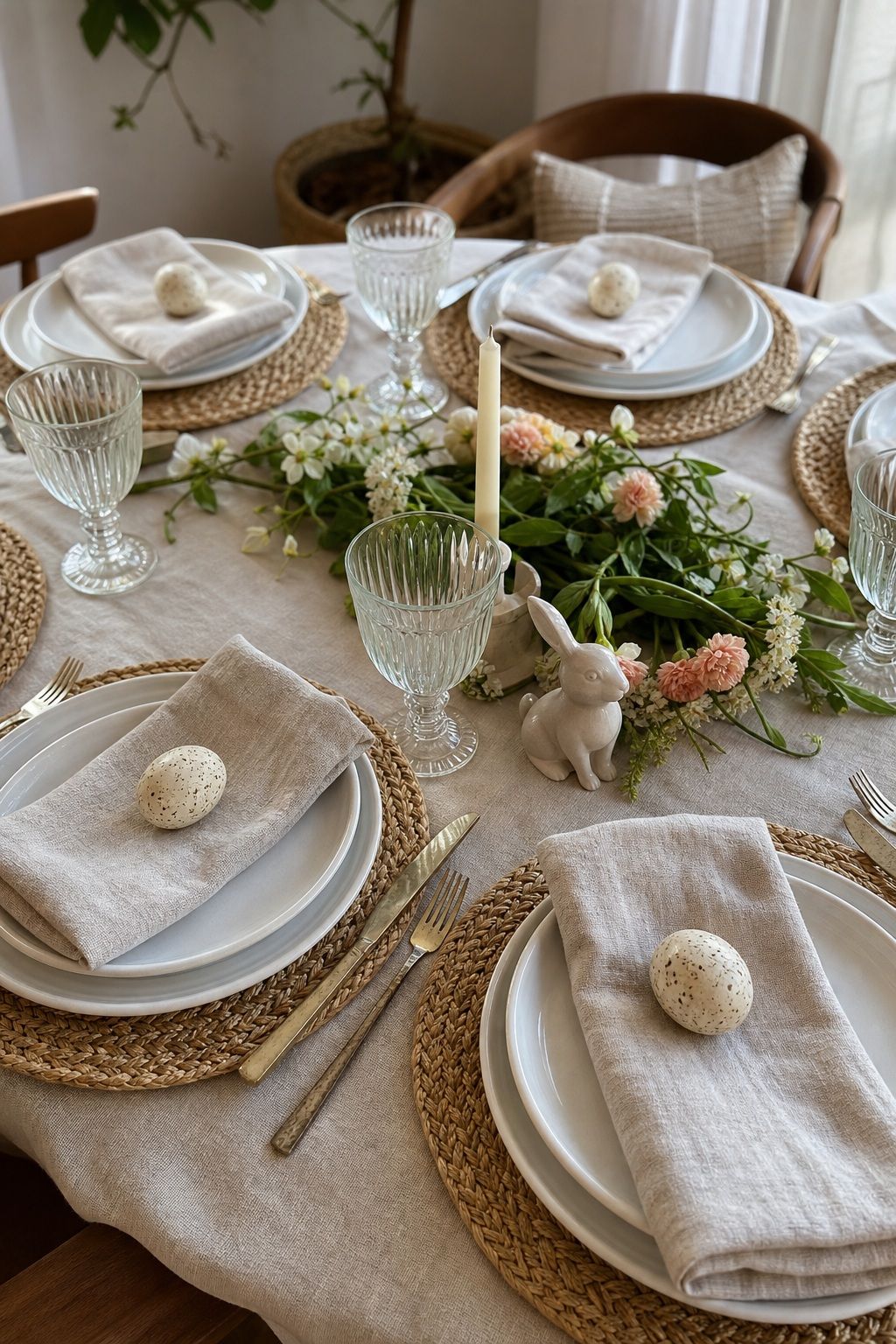 Place a Speckled Egg on Each Napkin small apartment idea for Top 18 Easter Tablescapes for a Beautifully Styled Spring Table in Small-Space Hosting.