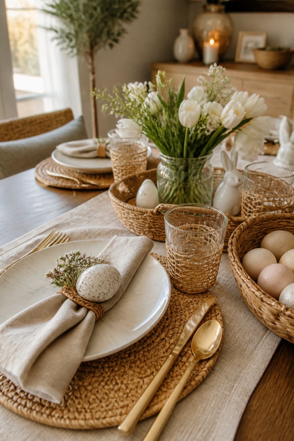 Bring in Natural Woven Texture small apartment idea for Top 18 Easter Tablescapes for a Beautifully Styled Spring Table in Small-Space Hosting.