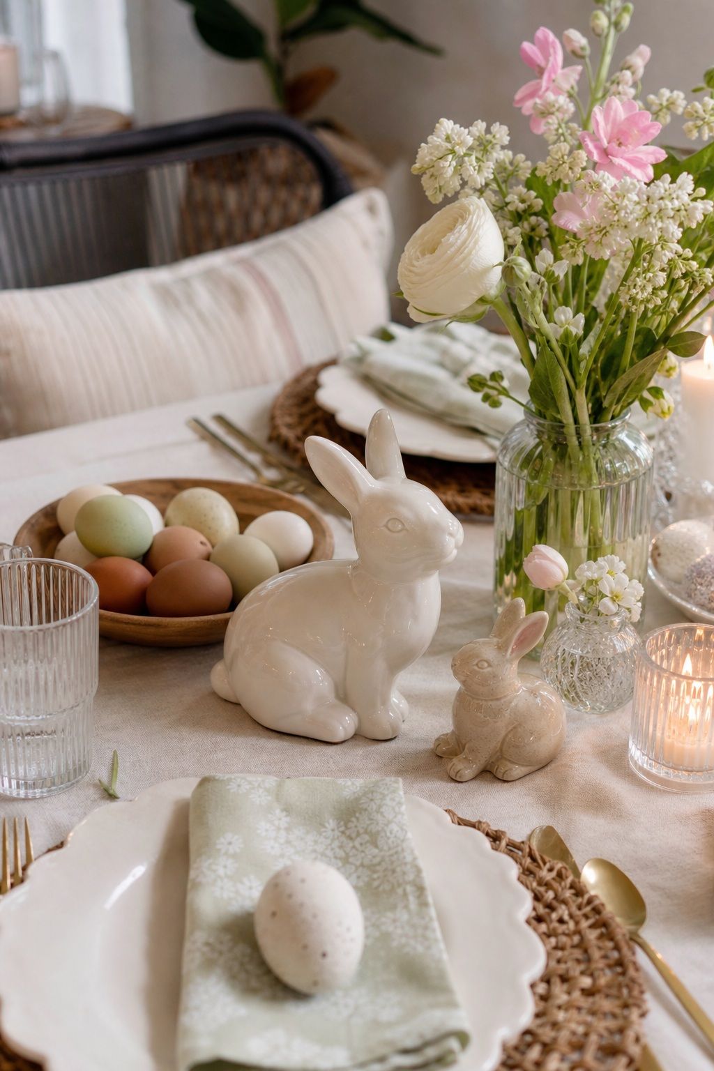 Add Ceramic Animal Figurines for Charm small apartment idea for Top 18 Easter Tablescapes for a Beautifully Styled Spring Table in Small-Space Hosting.