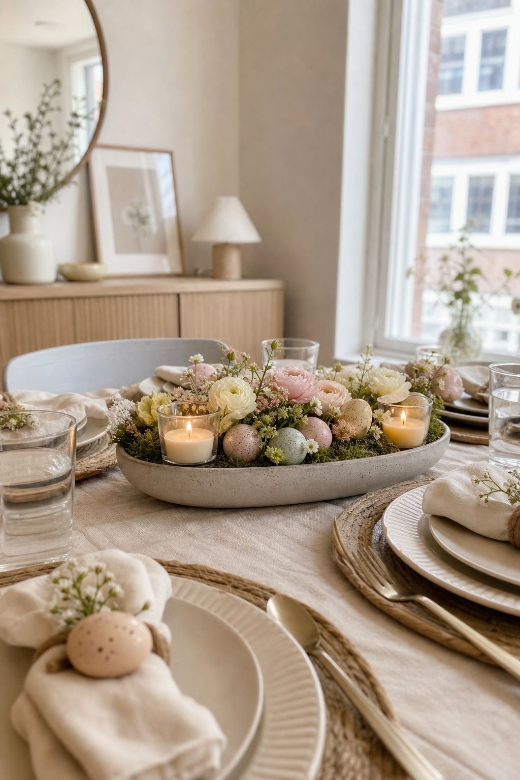 Keep the Centerpiece Low Enough to Talk Over small apartment idea for Top 18 Easter Tablescapes for a Beautifully Styled Spring Table in Small-Space Hosting.