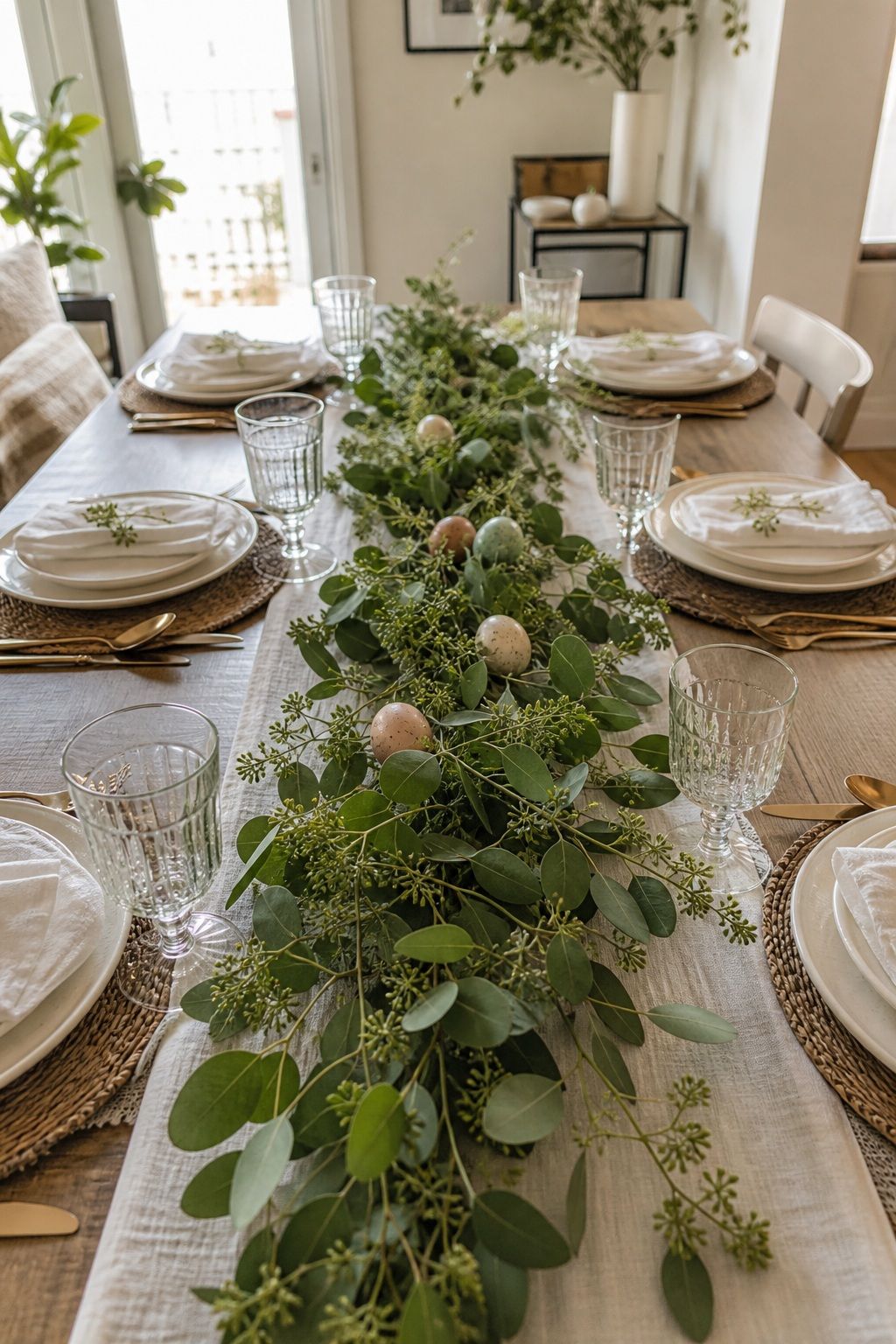 Add a Runner of Greenery Down the Center small apartment idea for Top 18 Easter Tablescapes for a Beautifully Styled Spring Table in Small-Space Hosting.