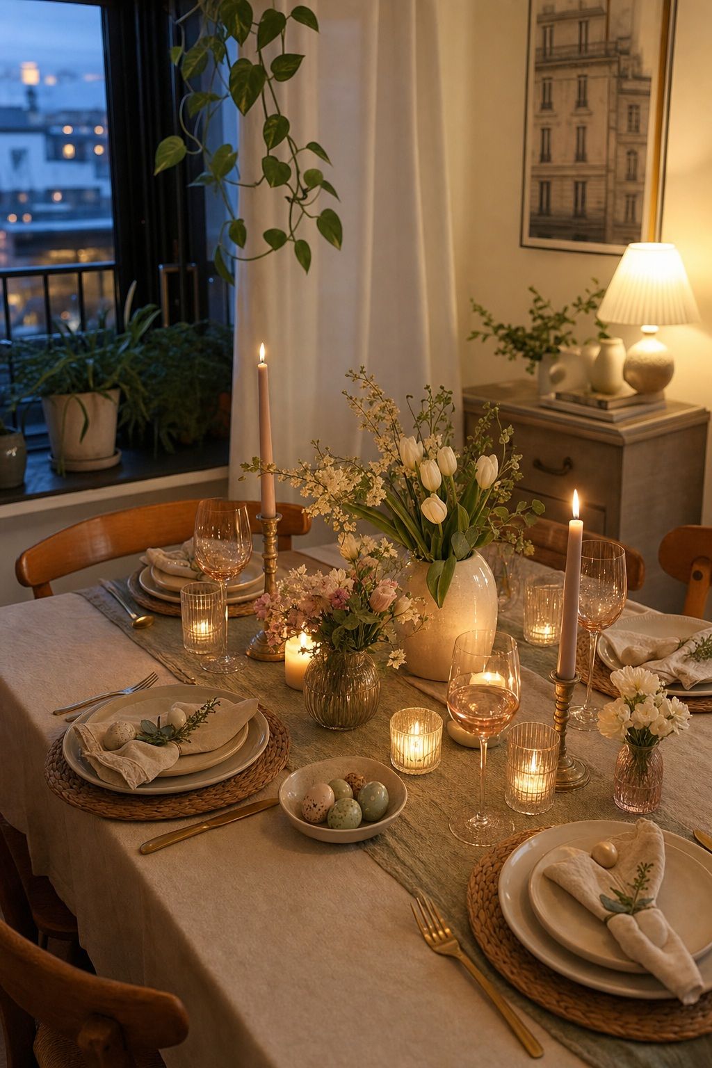 Light the Table Softly for the Meal small apartment idea for Top 18 Easter Tablescapes for a Beautifully Styled Spring Table in Small-Space Hosting.