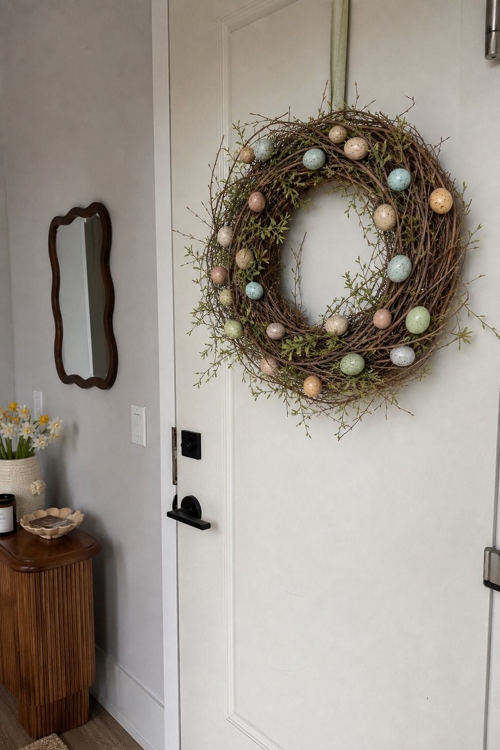 Create a Twig Wreath With Pastel Eggs small apartment idea for Top 18 Easter Wreath Ideas for a Fresh Spring Front Door.