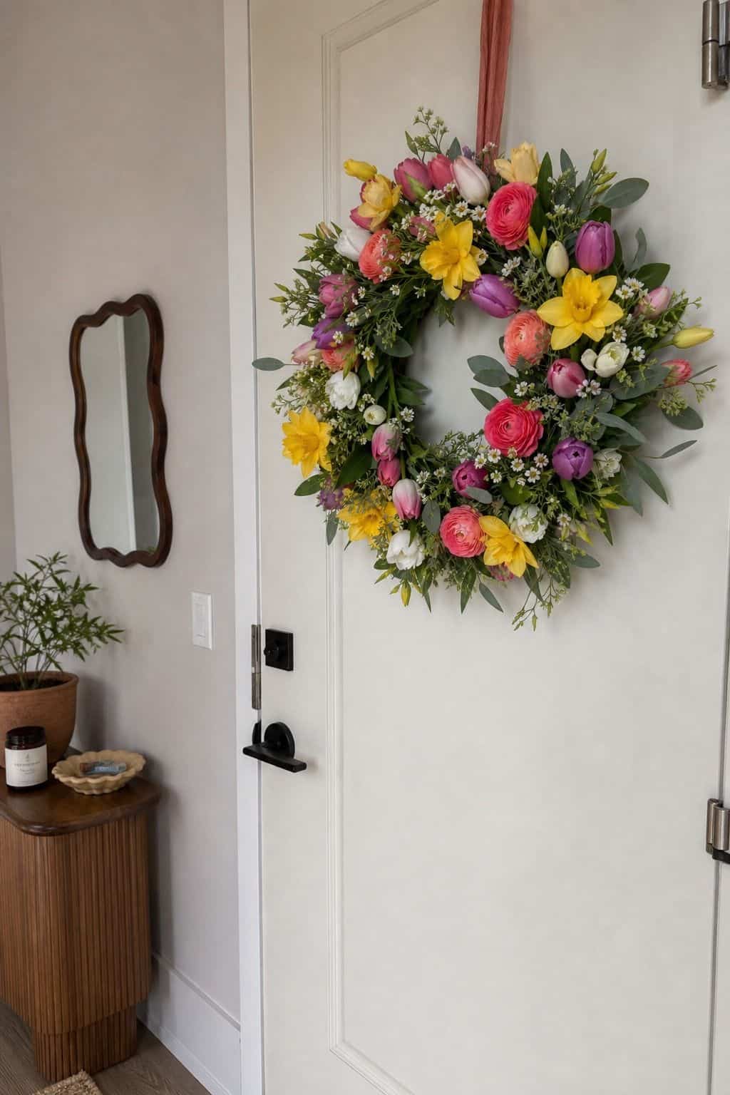 Mix Bold Spring Flowers for a Full Look small apartment idea for Top 18 Easter Wreath Ideas for a Fresh Spring Front Door.