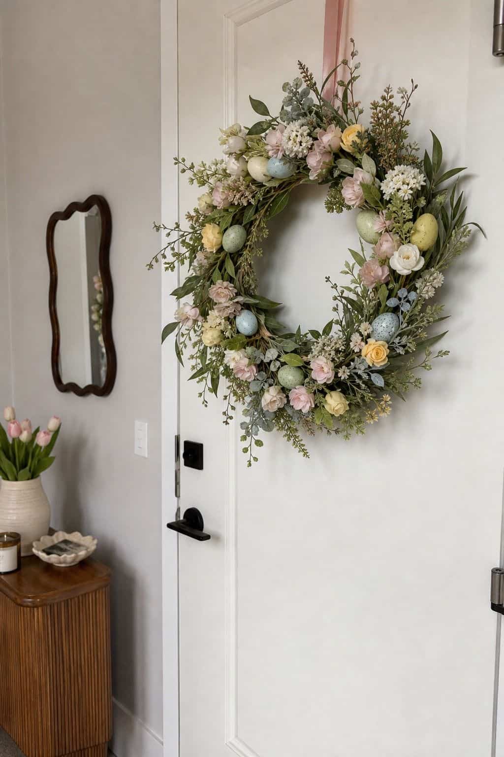 Use a Muted Pastel Color Palette small apartment idea for Top 18 Easter Wreath Ideas for a Fresh Spring Front Door.