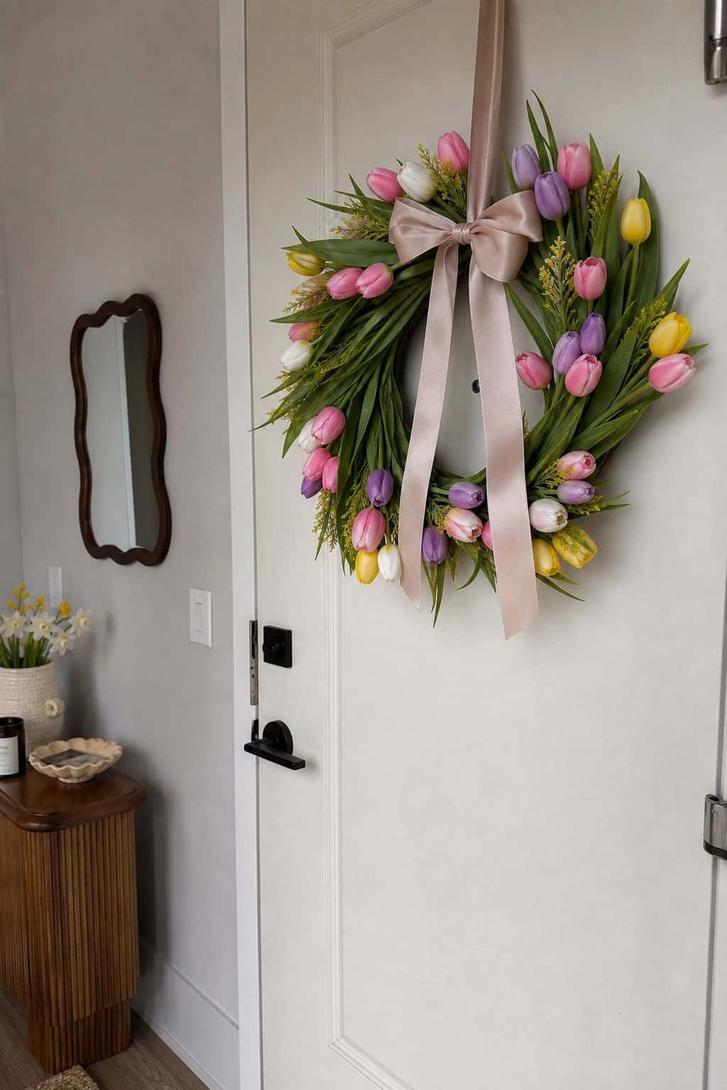 Add a Soft Ribbon Bow as a Finishing Touch small apartment idea for Top 18 Easter Wreath Ideas for a Fresh Spring Front Door.