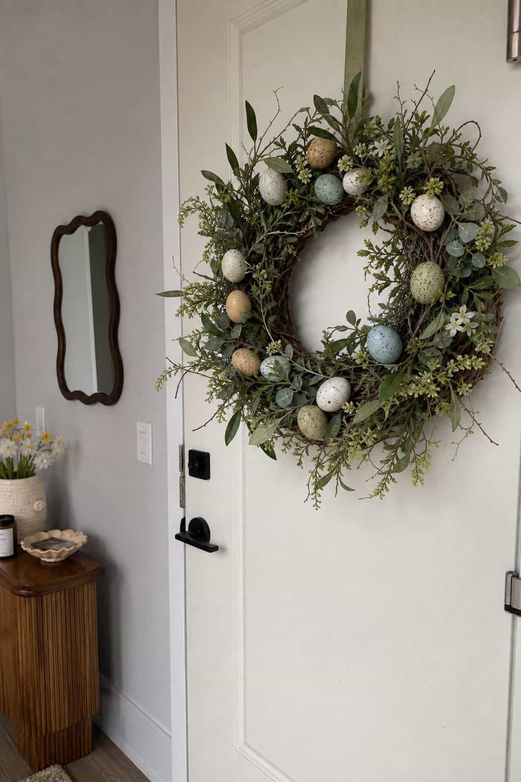 Decorate With Speckled and Natural Eggs small apartment idea for Top 18 Easter Wreath Ideas for a Fresh Spring Front Door.