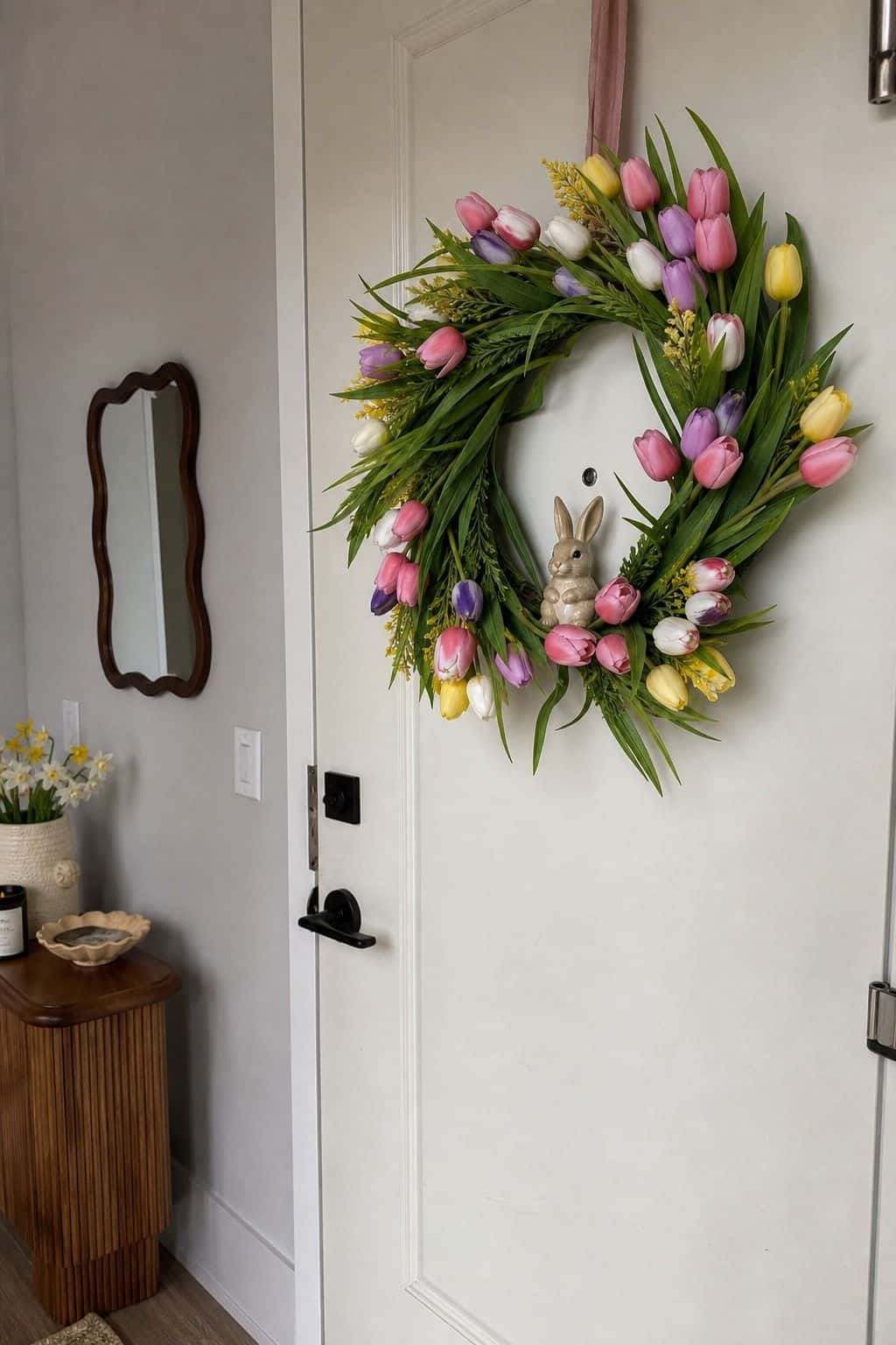 Add a Small Bunny or Subtle Figure small apartment idea for Top 18 Easter Wreath Ideas for a Fresh Spring Front Door.