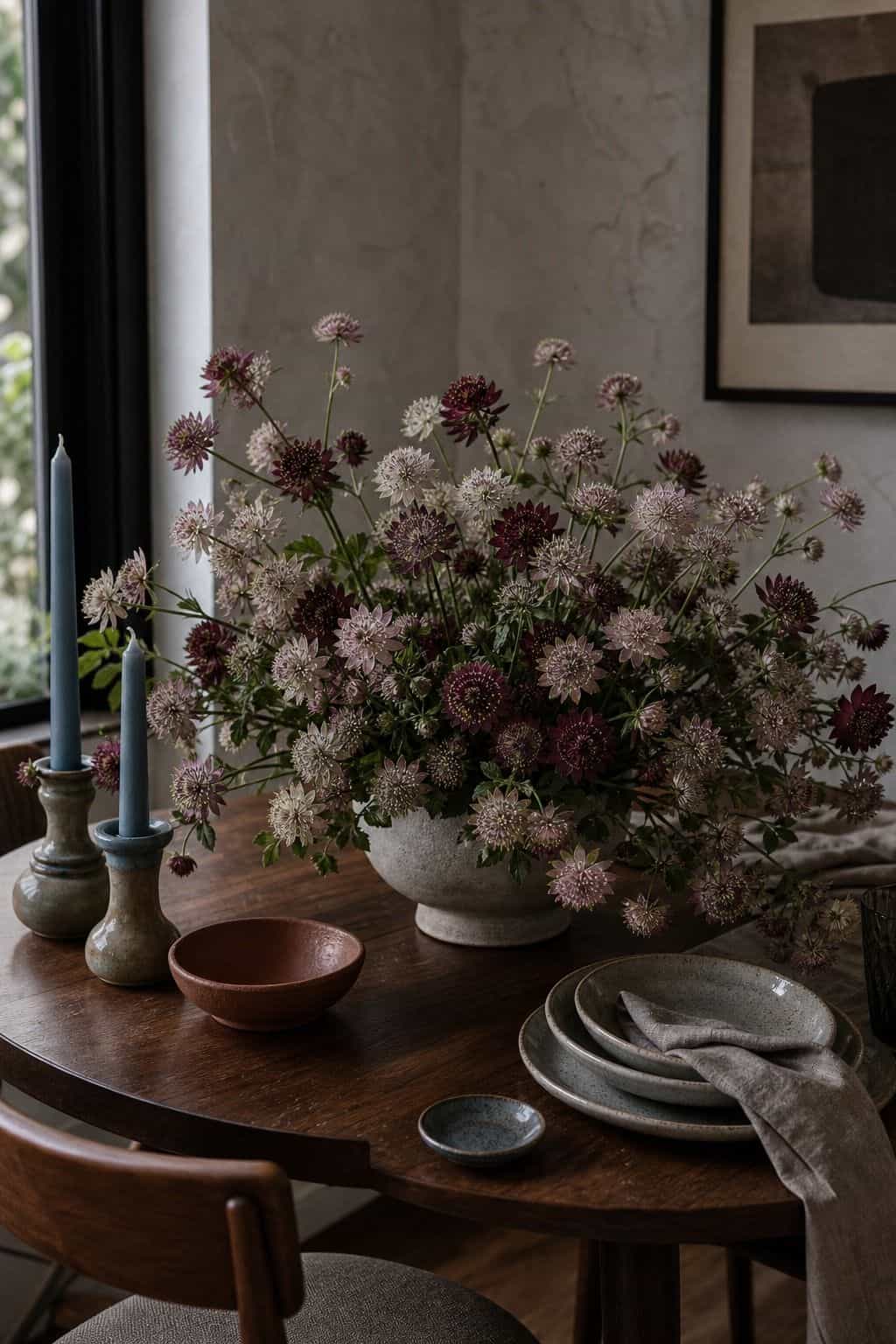 Pale pink and burgundy astrantia in a modern summer wedding centerpiece