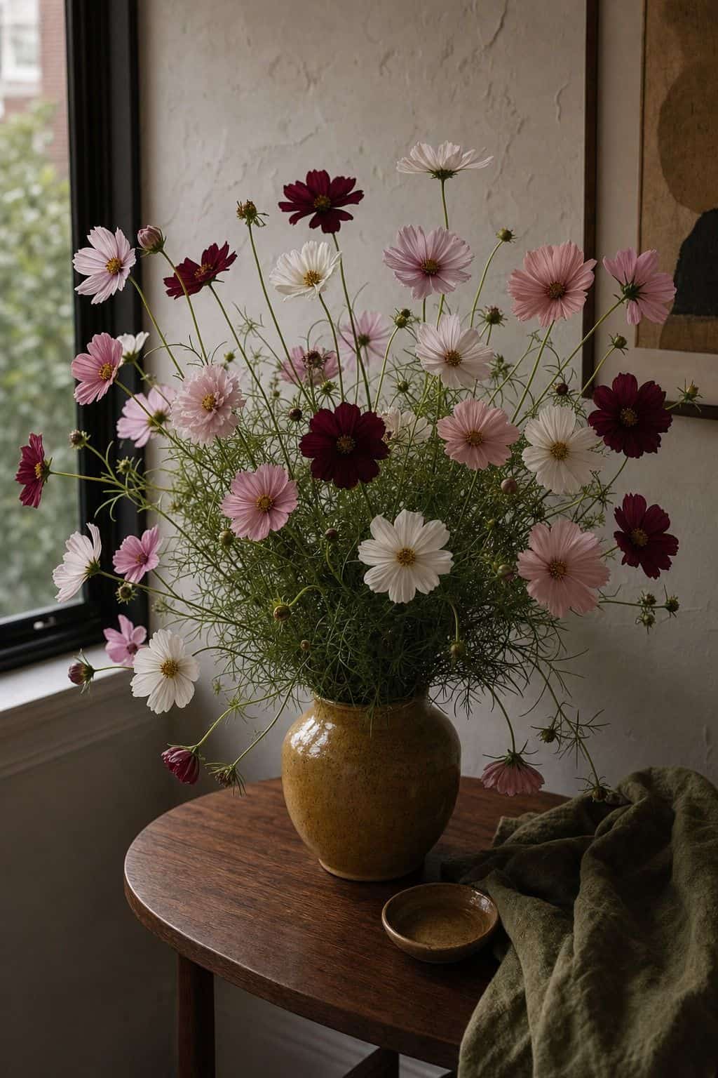 Blush, white, and burgundy cosmos in an airy wildflower wedding arrangement