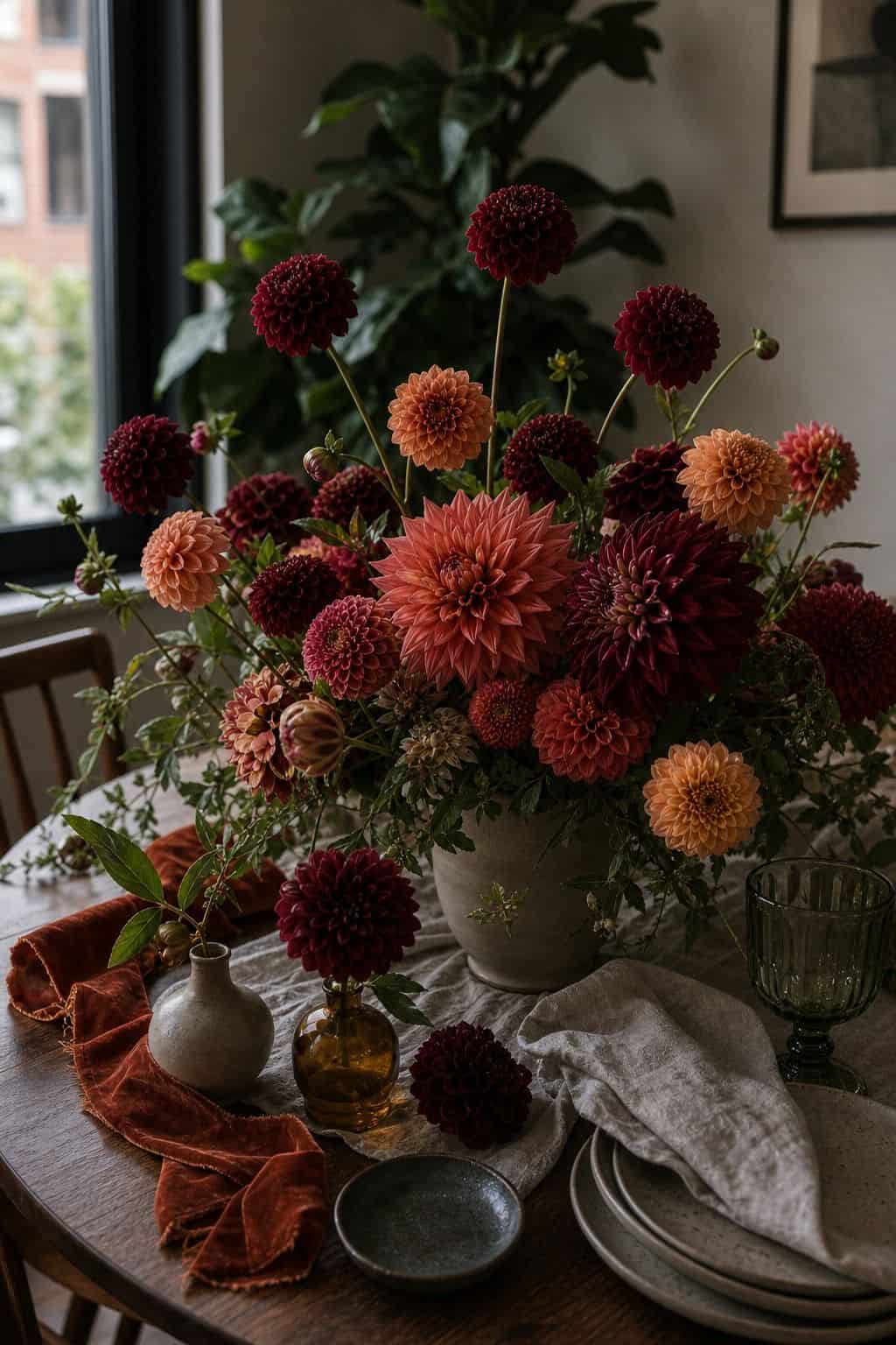 Burgundy and coral dahlias in a moody summer wedding centerpiece on a walnut table