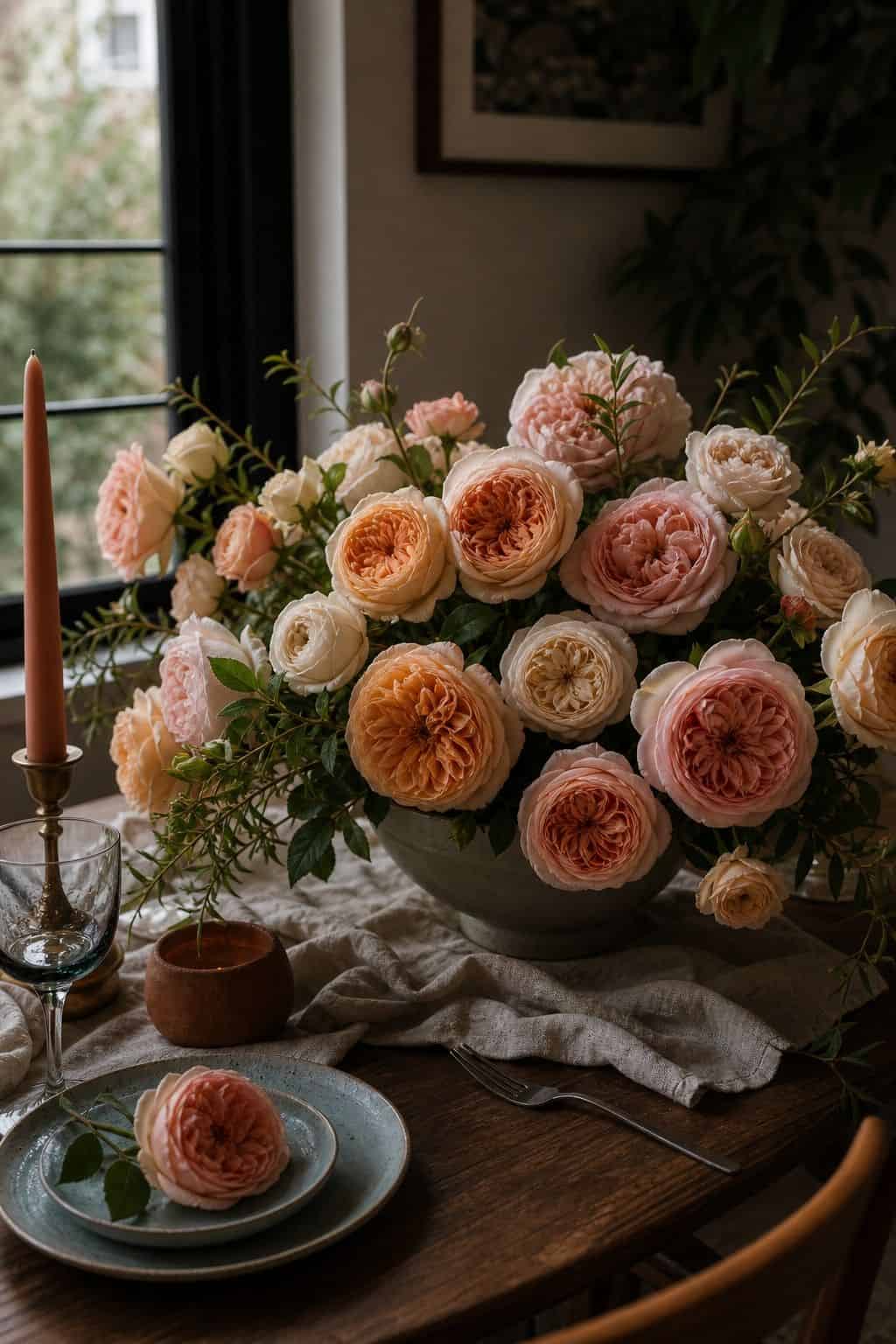 Blush, cream, and apricot garden roses in a romantic wedding table arrangement